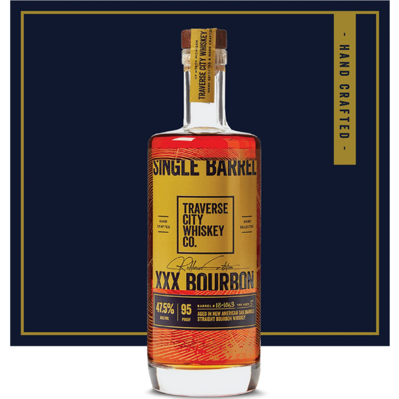 Single Barrel XXX Straight Bourbon bottle, Traverse City Whiskey Co.