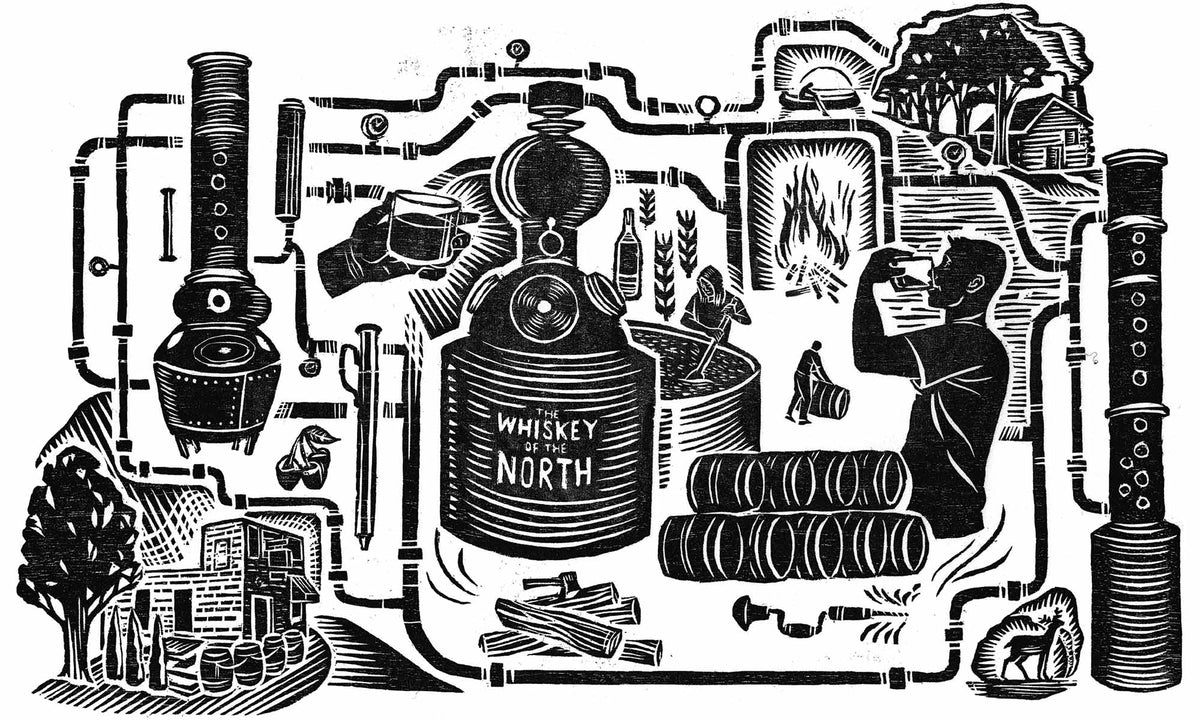 Illustration of the whiskey-making process from still to barrel