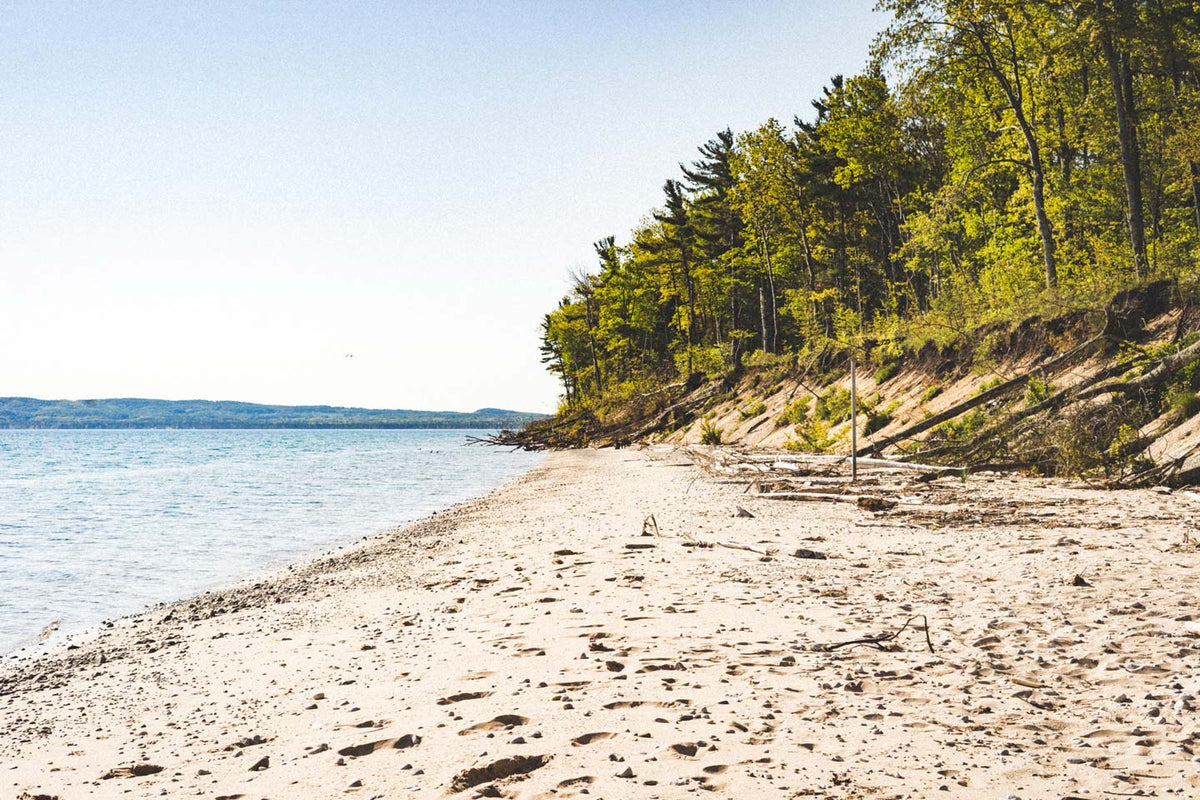 A sandy beach shoreline with calm blue water on the left and a steep grassy embankment covered in green trees on the right under a pale blue sky.
