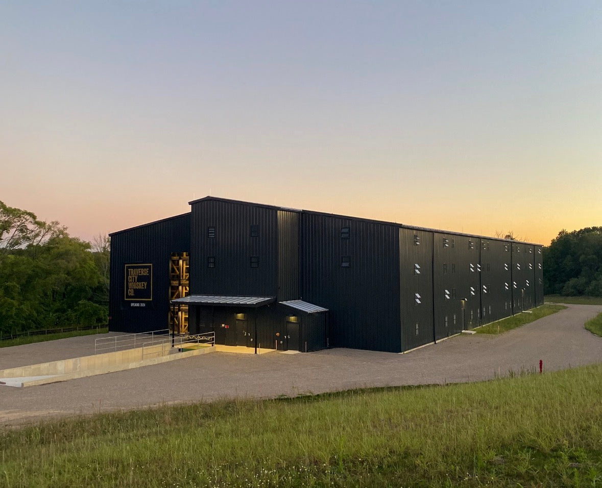 Traverse City Whiskey Co. rickhouse at dusk